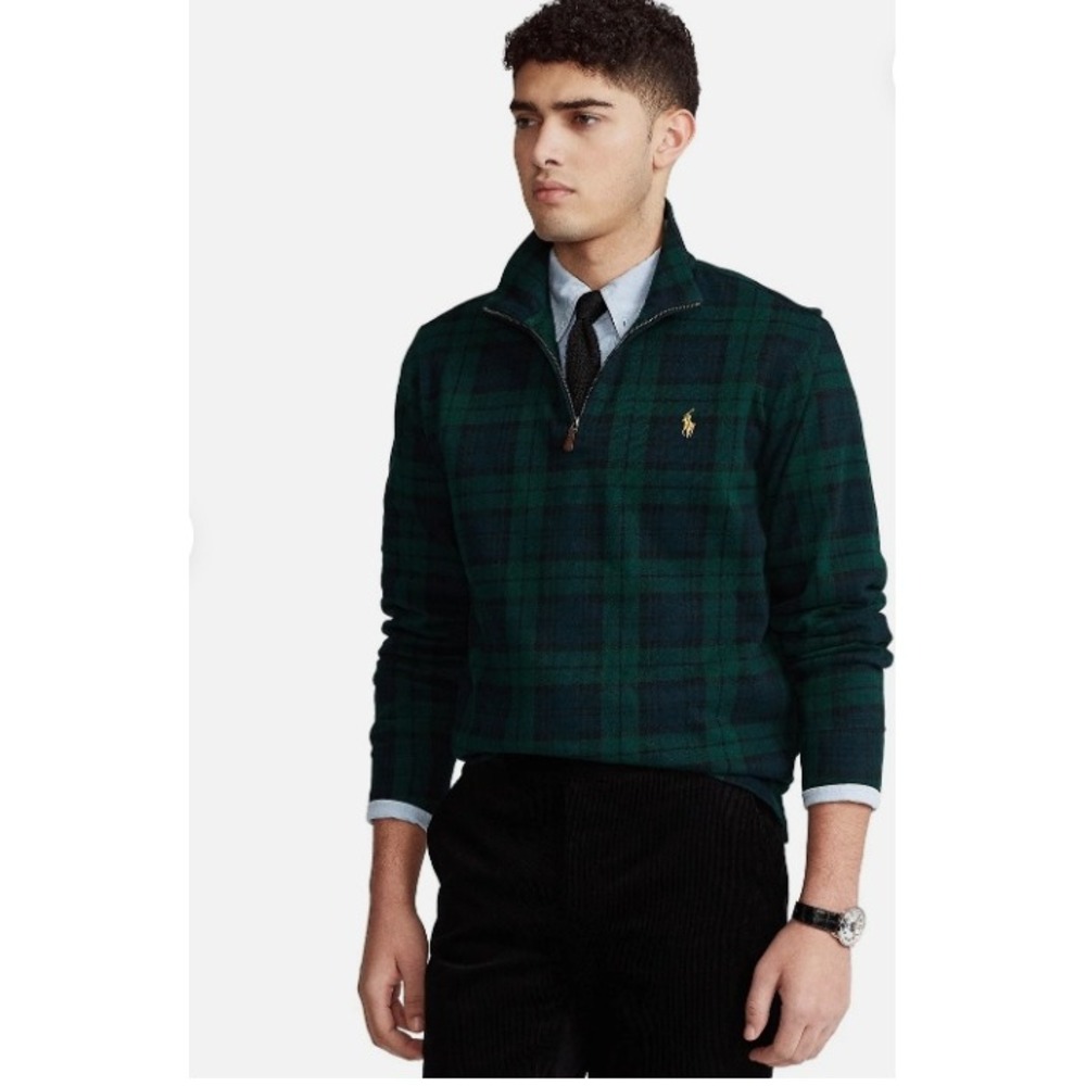 Polo Ralph Lauren Estate Rib Plaid Quarter Zip Pullover Sweater Mens L Green